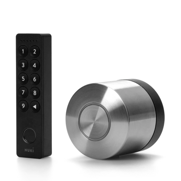 Smart lock system with a digital keypad and metallic lock on a white background