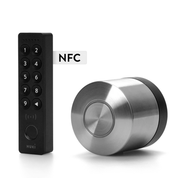 Smart lock system with digital keypad and NFC tag on a white background