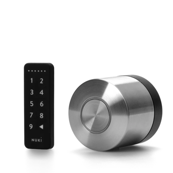 Smart lock system with digital keypad on a white background