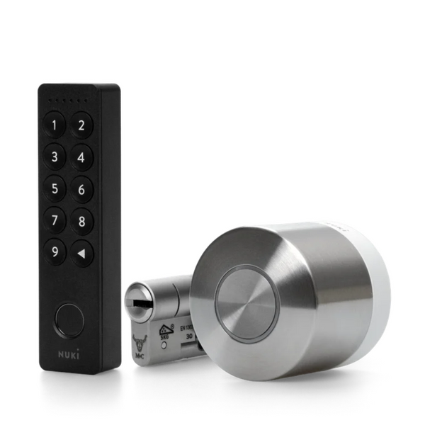 Electronic door lock system with keypad and cylindrical lock on a white background