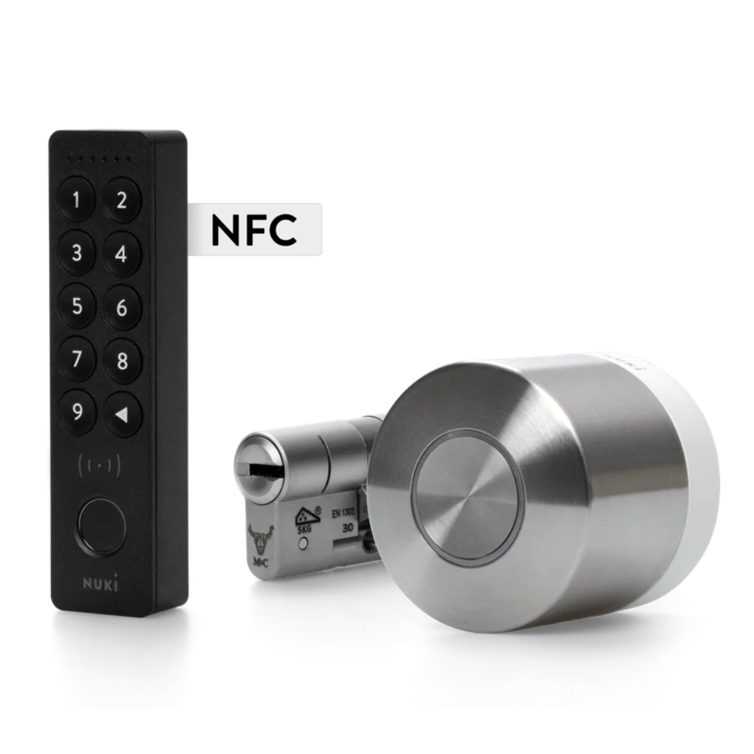 Smart lock mechanism with digital keypad and NFC tag on a white background