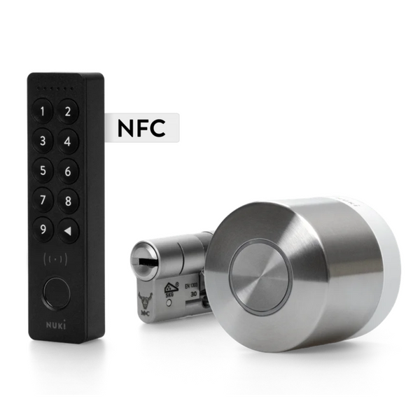 Smart lock mechanism with digital keypad and NFC tag on a white background