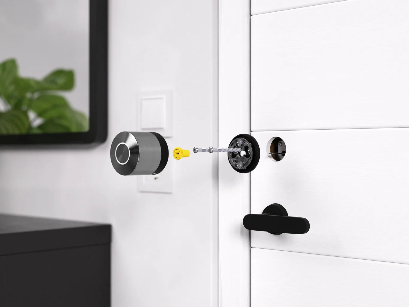 Nuki Smart Lock Ultra deadbolt version, silver finish, mounted on interior door

